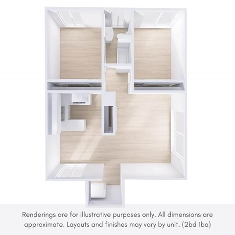 Floor plan for 2 beds, 1 bath, 950 sqft